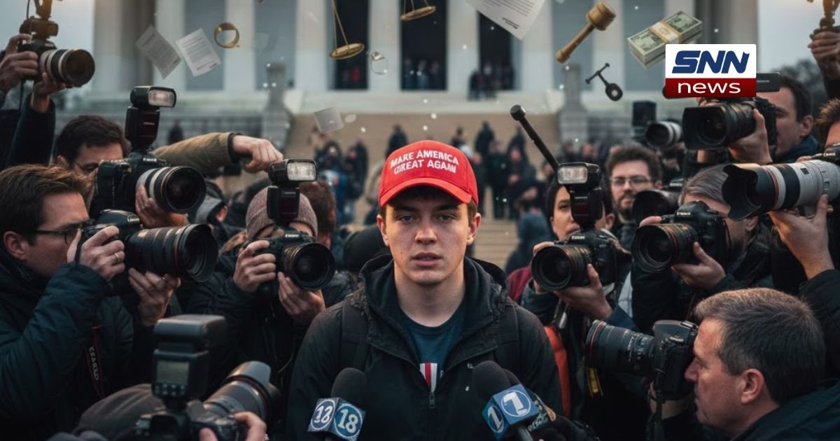 Nick Sandmann standing near Lincoln Memorial with legal documents and media icons Nick Sandmann Net Worth