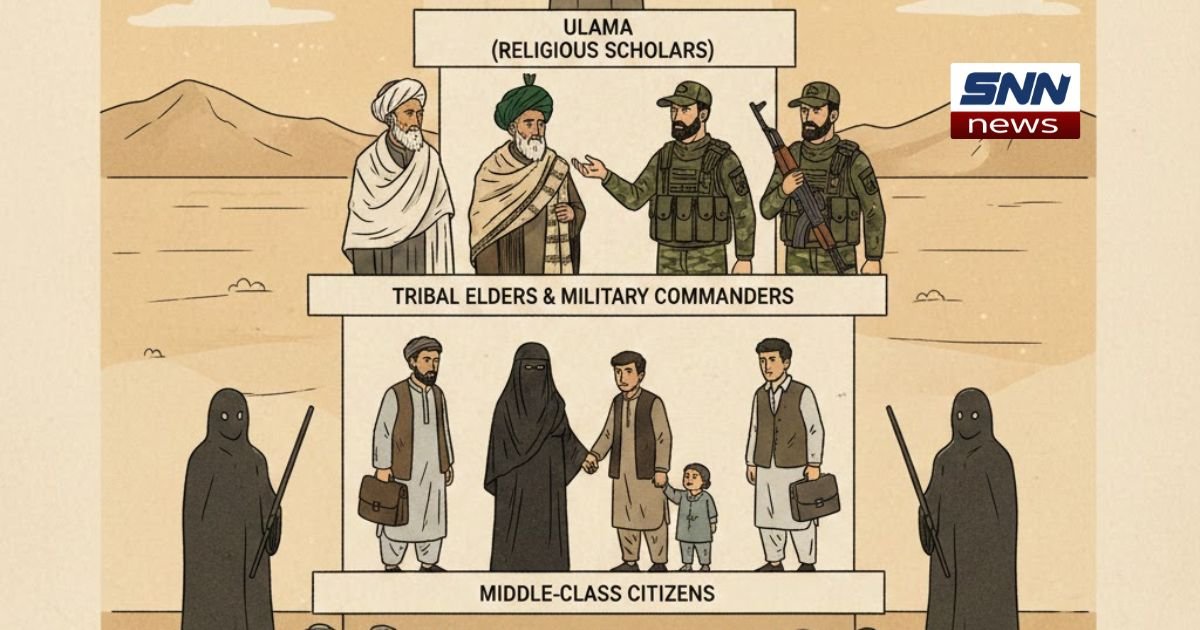 Afghanistan social hierarchy illustration under Taliban rule showing religious scholars, tribal elders, and ordinary citizens.