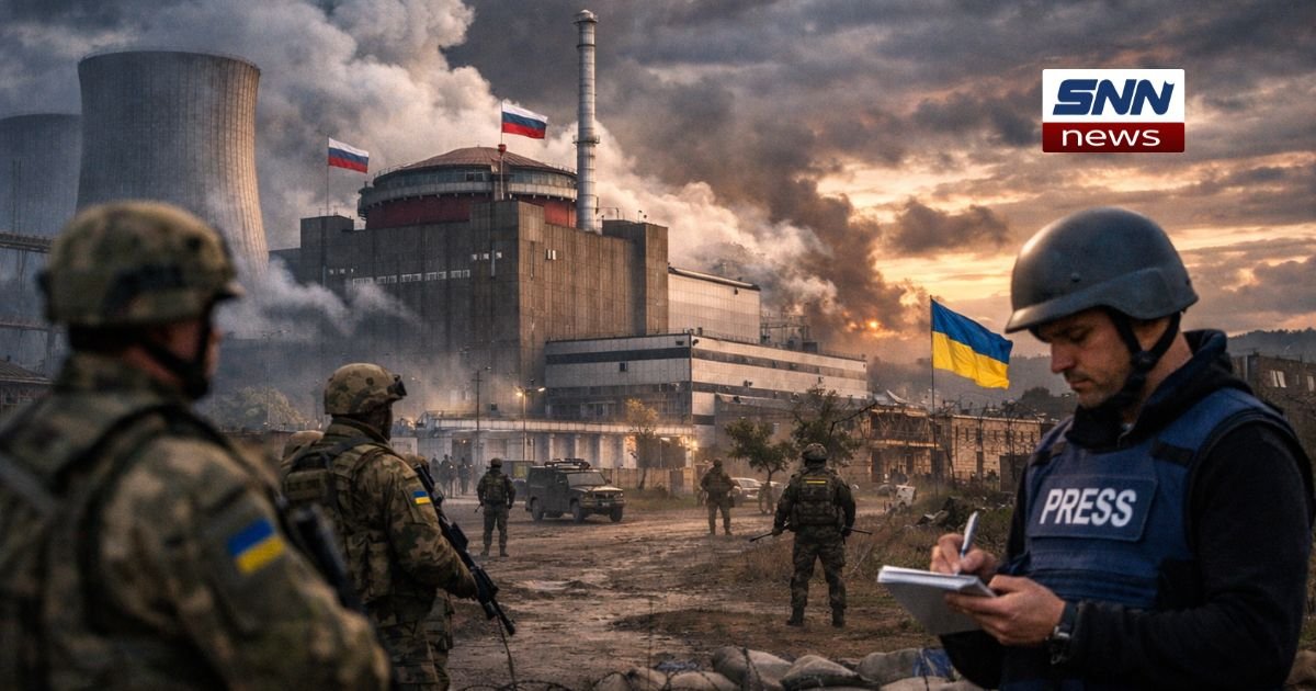 Ukrainian soldiers stand guard outside a nuclear power plant under partial Russian control, with smoke rising in the background, a journalist wearing a PRESS vest taking notes, and Ukrainian flags visible, illustrating the tense situation in Donbas during ongoing conflict.
