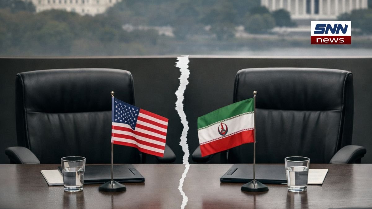 "Washington DC skyline with a meeting table showing empty chairs between U.S. Iran flags, symbolizing the cancellation of U.S.–Iran diplomatic talks, muted and neutral tone."