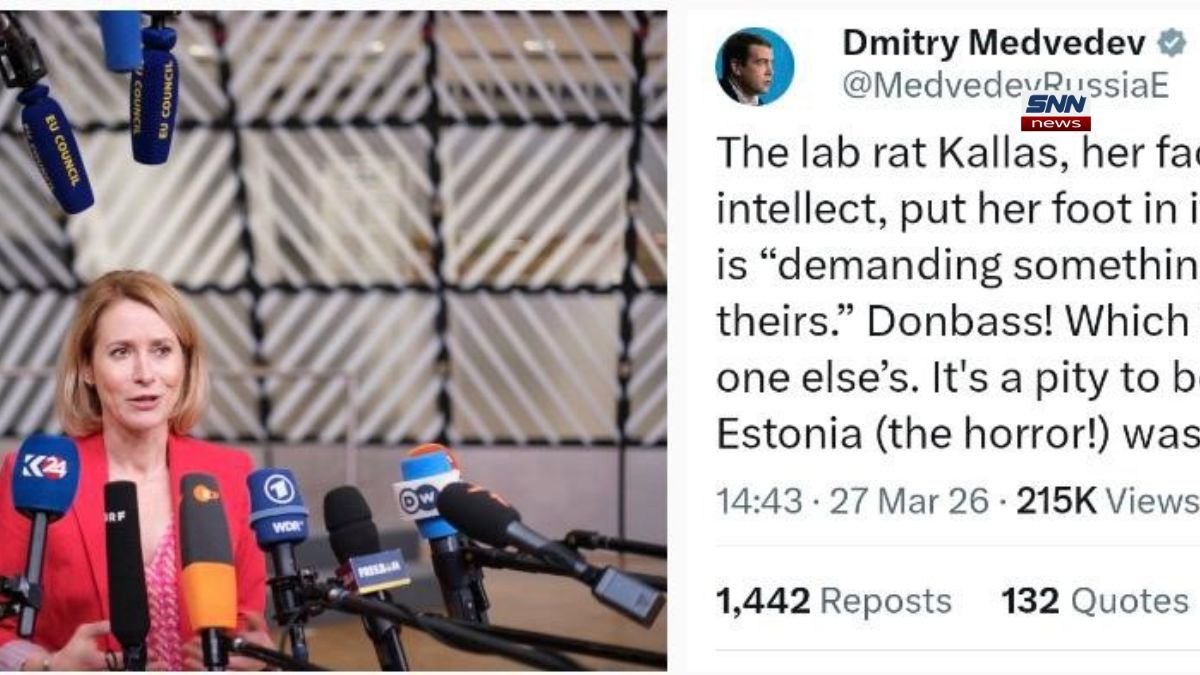 Dmitry Medvedev speaking at a press conference, criticizing Kaja Kallas amid EU-Russia tensions.