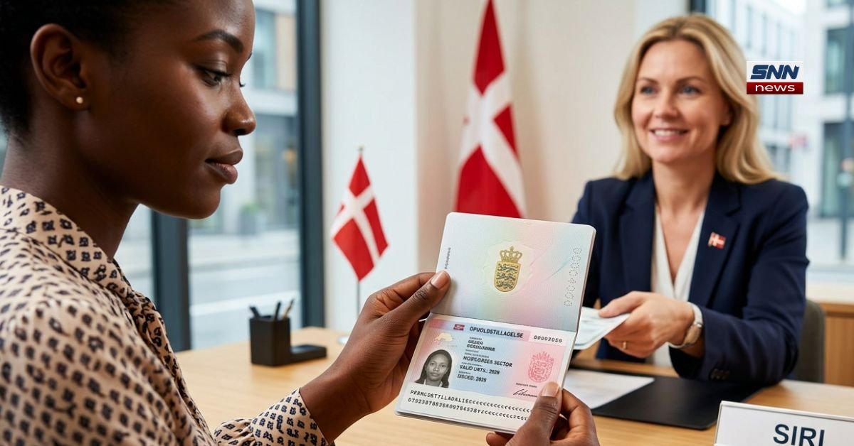 A successful applicant receiving a confirmed Danish residence permit at a SIRI office, featuring a close-up of a stamped passport with the Danish Royal Coat of Arms and the SIRI logo in the background.