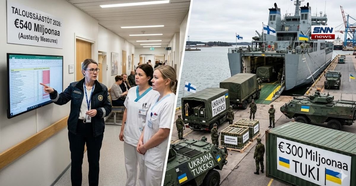 Finland government budget session showing €540 million cuts and €300 million Ukraine military aid decision.