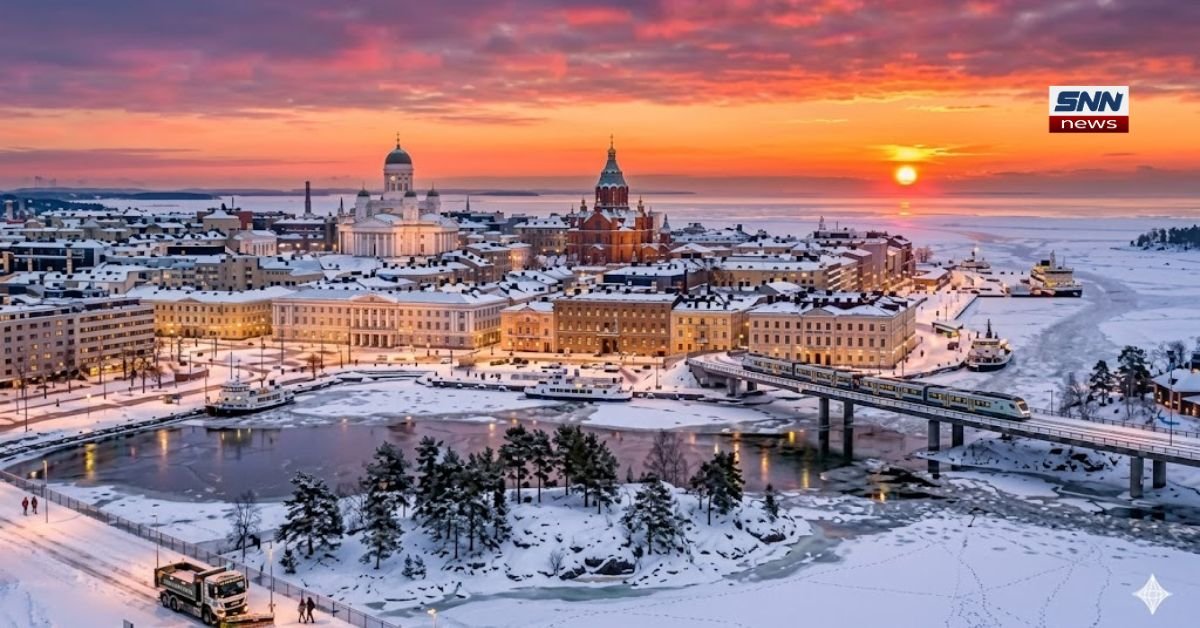 Panoramic winter sunset view of Helsinki harbor and cathedral, representing Finland real estate news 2026 and urban development."