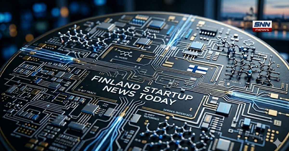 "Digital circuit board overlay on Helsinki skyline with Finland flag and text: Finland Startup News Today.