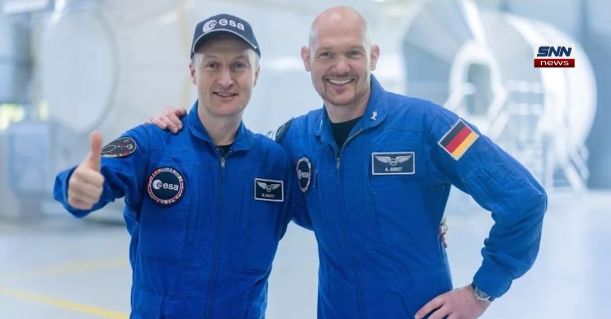 German astronaut candidates Alexander Gerst and Matthias Maurer with European Space Agency Moon mission concept background.