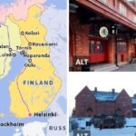 Cross-border passenger train traveling through snowy Finnish Lapland on route connecting Finland and Sweden during summer launch.