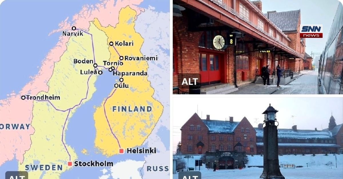 Cross-border passenger train traveling through snowy Finnish Lapland on route connecting Finland and Sweden during summer launch.