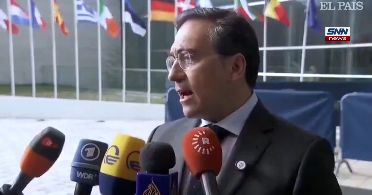 Foreign ministers of Spain and Germany amid EU flags during diplomatic dispute over Ukraine and Palestine policies.