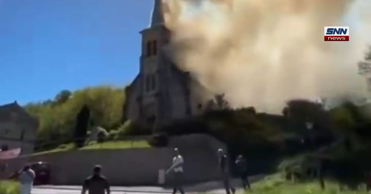 Fire destroys the historic Saint-Cyriaque Church in Montenach, France, as firefighters battle flames.
