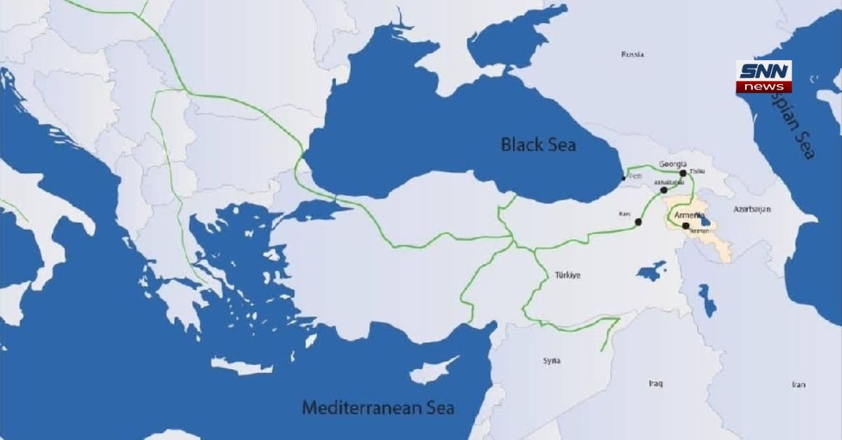 Armenian railway map showing planned route through Georgia and Turkey connecting Armenia to Europe with regional borders highlighted.