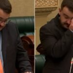 Australian politician Jason Virgo speaking at parliament podium after election win, highlighting controversy over immigration stance and personal relationship.
