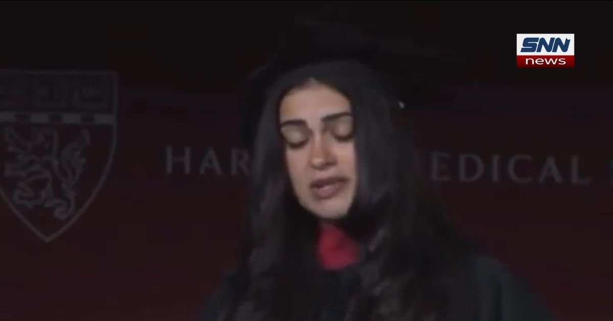 Leen Ezzeddine delivers her Harvard Medical School graduation speech, highlighting students affected by conflict.
