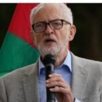 Jeremy Corbyn addressing supporters while calling for a public inquiry into the UK government&rsquo;s actions related to Gaza.