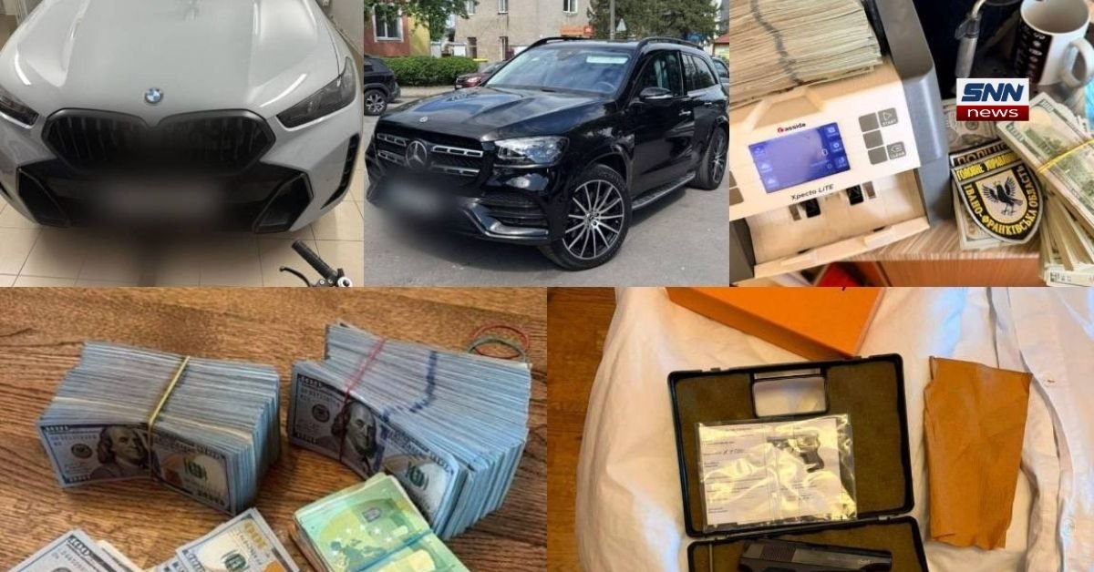 Seized luxury cars, cash bundles, and documents during a Ukraine corruption investigation involving senior police officials.