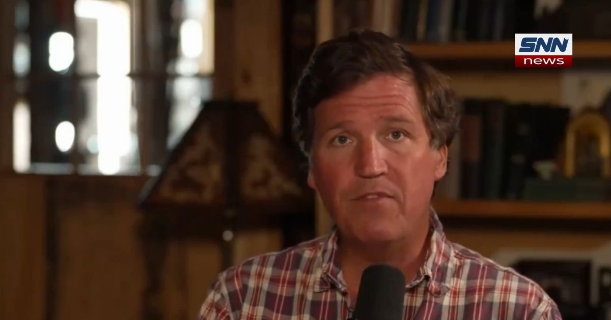 Tucker Carlson speaking during a broadcast discussing allegations about classified documents linked to the Rwandan genocide.