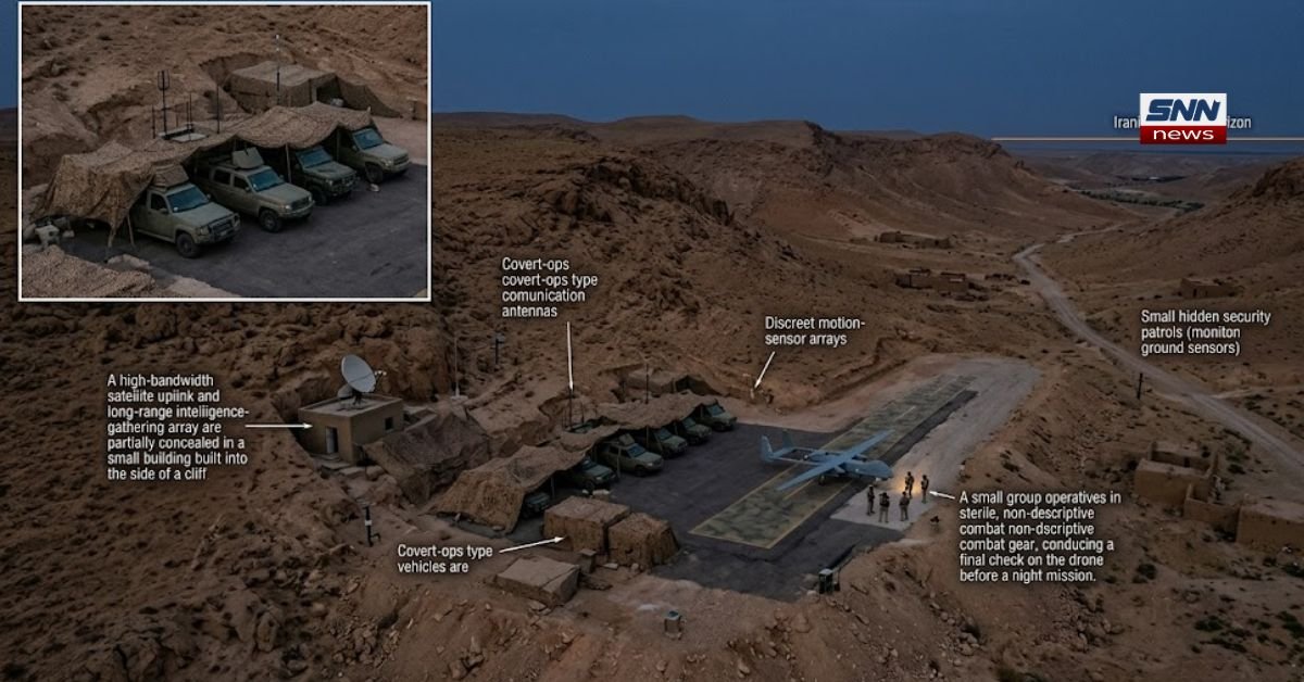 A high-angle, cinematic photograph of a covert military installation hidden within a rugged, mountainous desert landscape at twilight. The base features a small, paved airstrip where a sophisticated, long-range military drone is being prepared for a night mission by a small group of operatives in non-descript combat gear. Several specialized covert-ops vehicles are parked under desert-camouflage netting, and a high-bandwidth satellite uplink is partially concealed in a building carved into a cliffside. Diagram-style labels point to "Discreet motion-sensor arrays," "Small hidden security patrols," and the "Iranian eastern horizon," emphasizing the strategic forward position. An inset in the top-left corner provides a detailed view of the camouflaged vehicles and communication antennas.