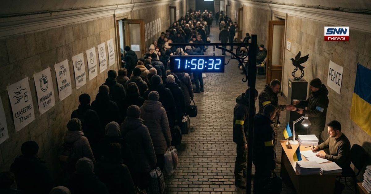 A cinematic, wide-angle shot set in a dimly lit underground bunker or subway station in Ukraine. On the right, President Zelensky sits at a simple wooden desk piled with documents, formally signing the ceasefire agreement. Above him, a digital clock hangs from a metal post, displaying a 72-hour countdown: "71:58:32". To the left, a long line of weary civilians and soldiers stretches into the shadows of the tunnel. The walls are adorned with the Ukrainian flag and posters detailing the agreement, including "MIDNIGHT START" and "POW EXCHANGE". The atmosphere is heavy and somber, capturing a fleeting moment of hope amidst the displacement of millions.