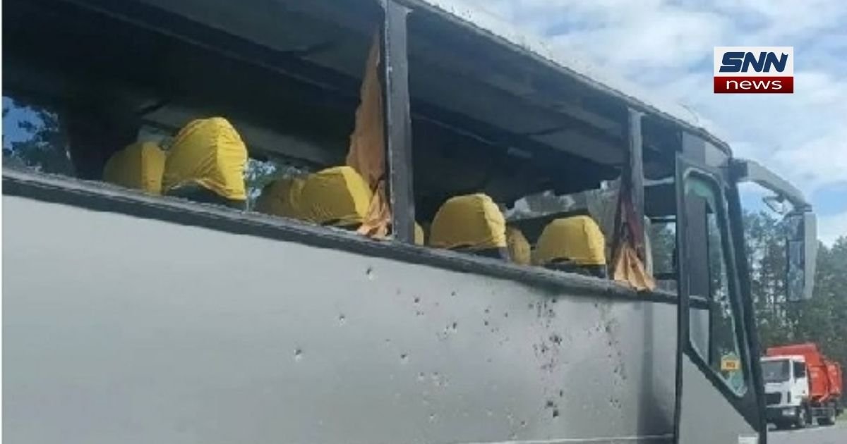 Damaged bus carrying Belarusian youth football team after drone strike in Bryansk region Russia leaving one adult dead and children hospitalized