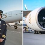 Two Emirati women standing in Emirates pilot uniform after becoming Boeing 777 Captains, celebrating a historic aviation achievement.
