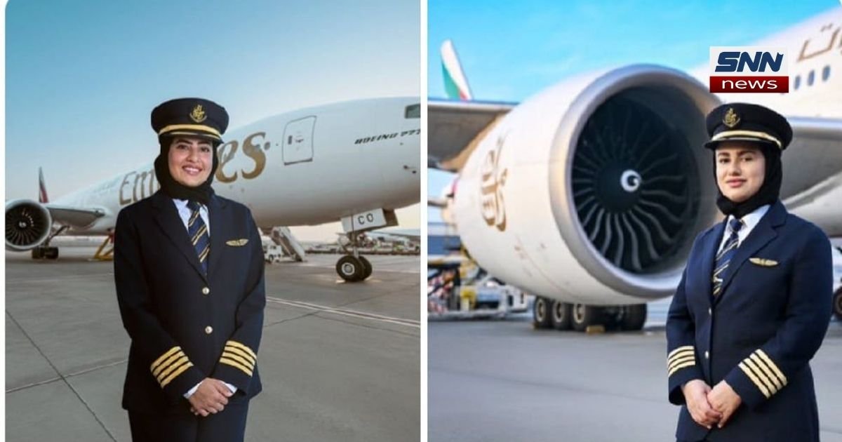 Two Emirati women standing in Emirates pilot uniform after becoming Boeing 777 Captains, celebrating a historic aviation achievement.