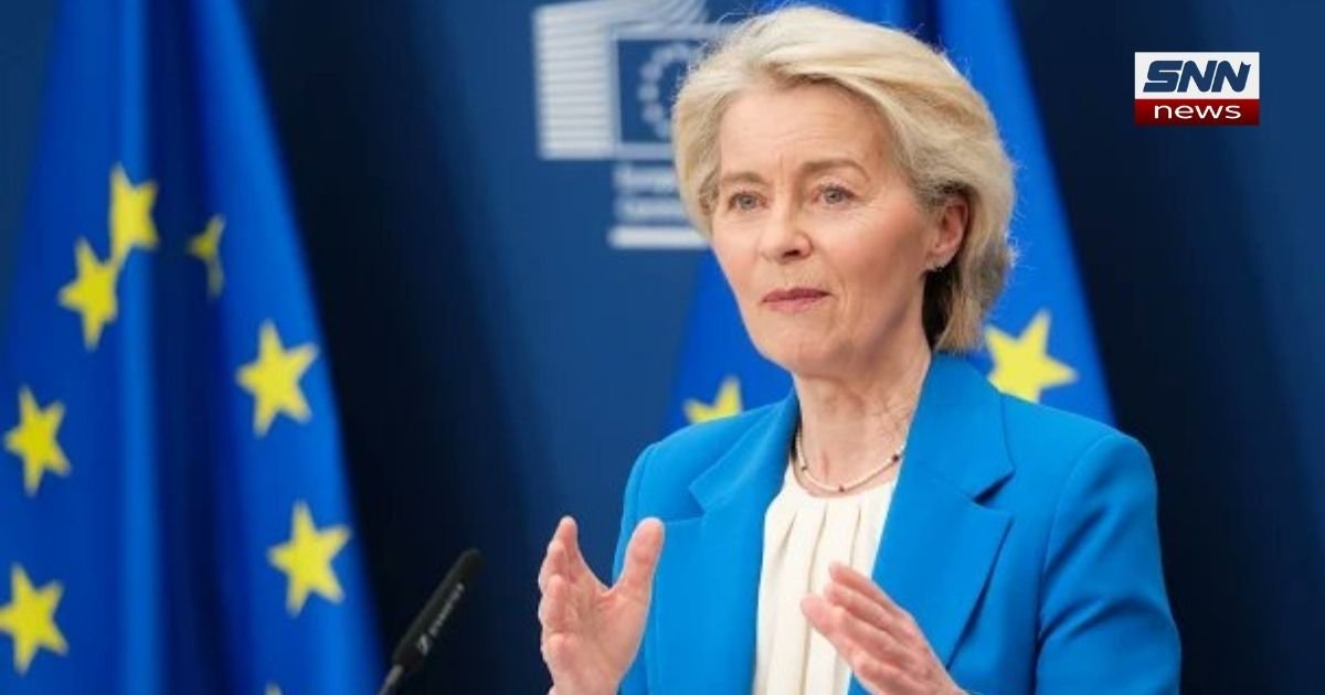 "European Commission President Ursula von der Leyen addressing journalists at the G7 Summit in Évian, France regarding the €90 Billion Ukraine Support Loan"
