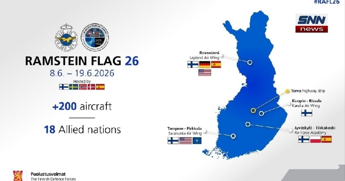 NATO allied aircraft flying in formation over Finland during Ramstein Flag 26 air exercise, June 2025.