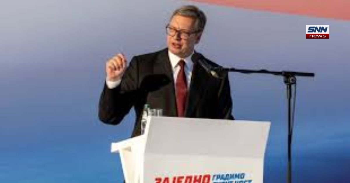 Serbian President Aleksandar Vučić speaking at a pro-government rally in Belgrade
