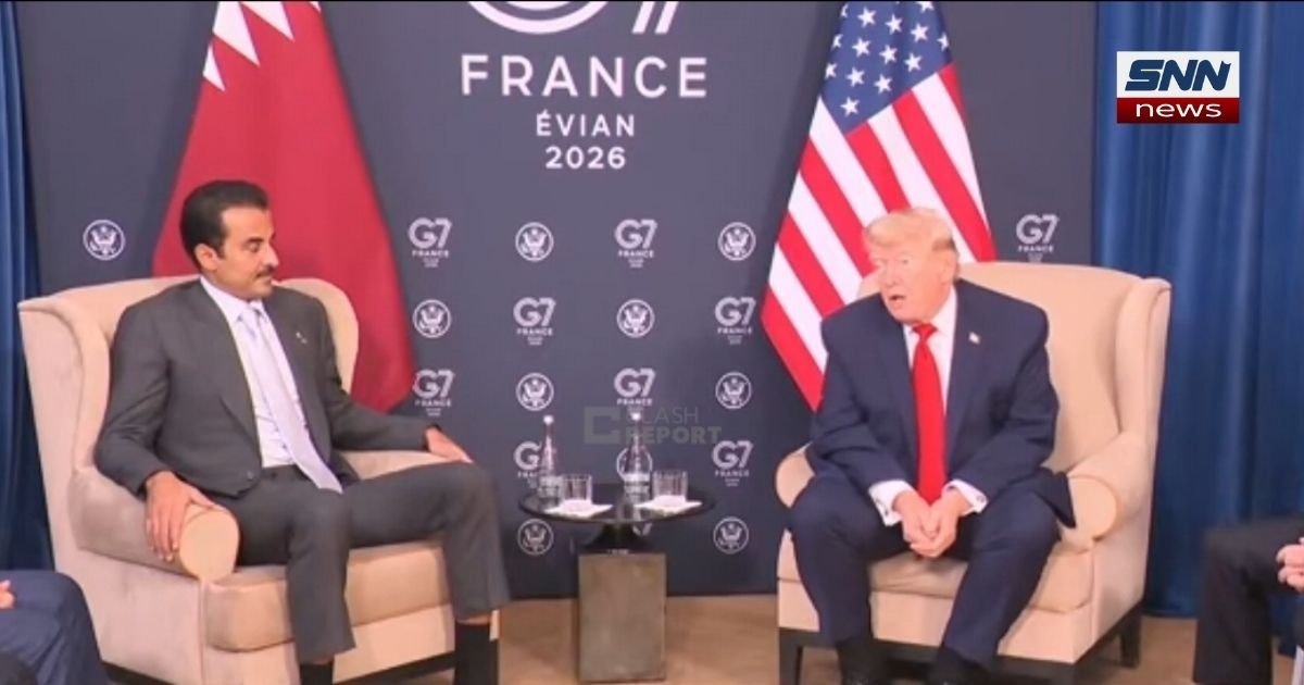 President Donald Trump meeting Qatar's Emir Sheikh Tamim bin Hamad Al Thani during a diplomatic summit drawing laughter and praise