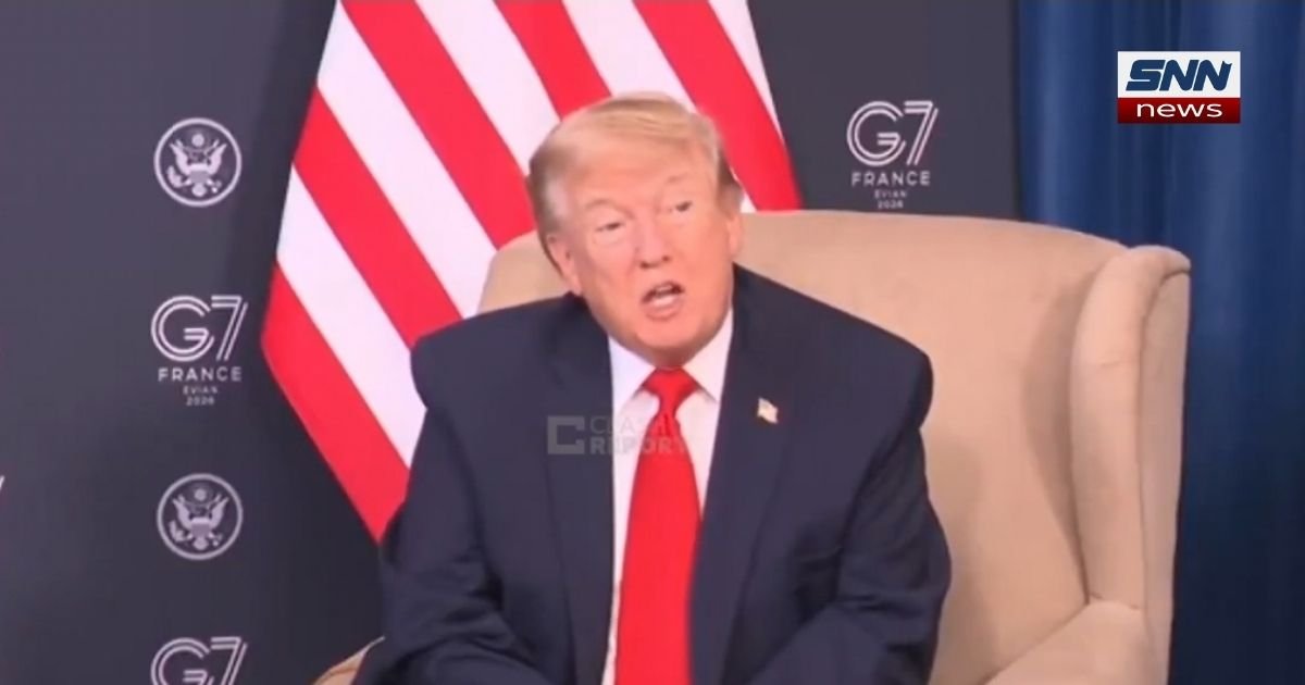 Donald Trump speaking at podium claiming Benjamin Netanyahu begged Barack Obama to cancel the Iran nuclear deal JCPOA