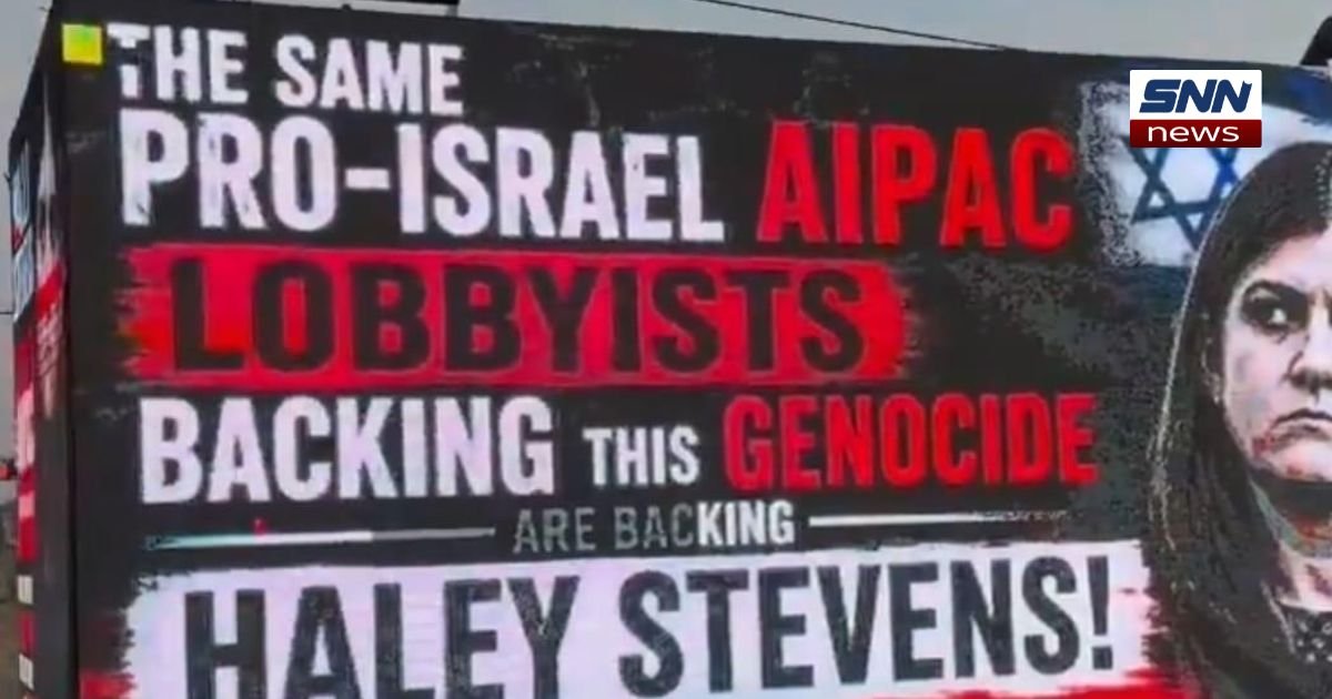 "Mobile billboard truck displaying a political message near a Michigan street, referencing AIPAC funding of Rep. Haley Stevens."