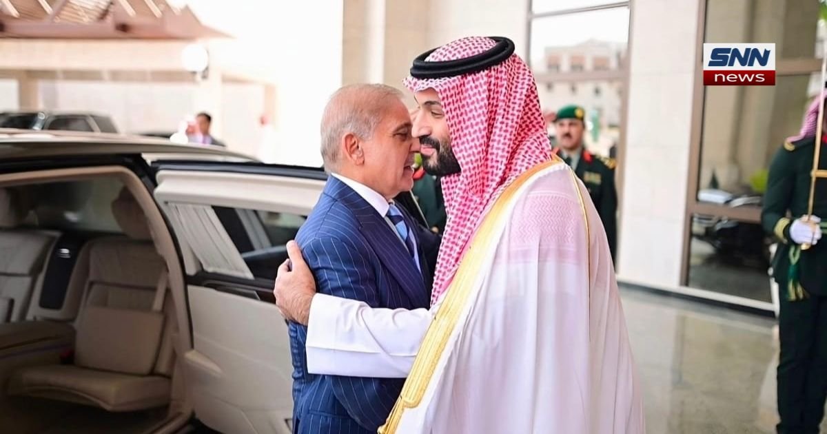 "Pakistani PM Shehbaz Sharif and Saudi Crown Prince Mohammed bin Salman at Mecca Defence Pact Agreement signing, Al-Safa Palace"