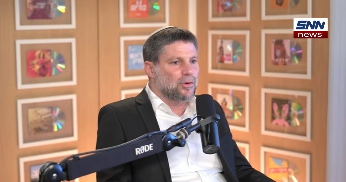 "Bezalel Smotrich speaking publicly, referenced in Greater Israel map controversy"
