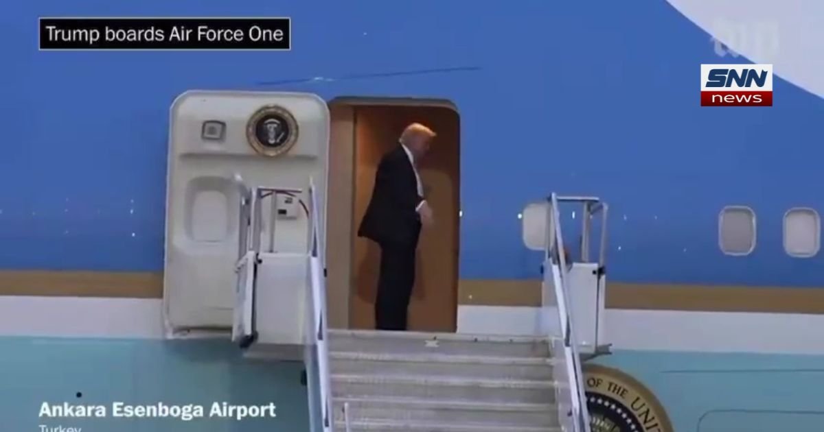 Trump Iran Threat Air Force One and catering truck on tarmac during NATO summit exit in Ankara