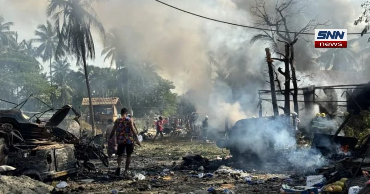 Damaged market area in Rakhine State, Myanmar, following reported airstrike"