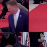 Chinese officials inspecting a red carpet ahead of a state visit arrival"