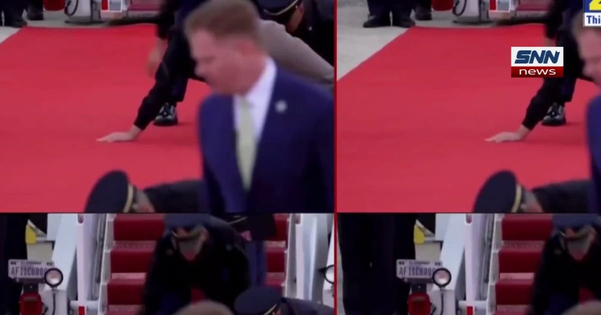 Chinese officials inspecting a red carpet ahead of a state visit arrival"