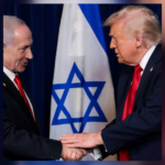 Donald Trump and Benjamin Netanyahu shaking hands in front of an Israeli flag, SNN News Finland