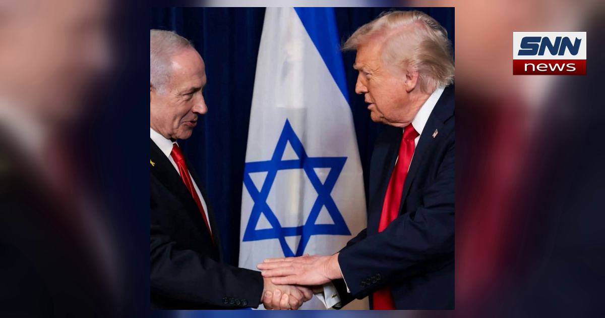 Donald Trump and Benjamin Netanyahu shaking hands in front of an Israeli flag, SNN News Finland
