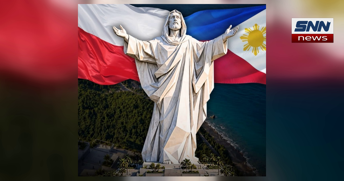 Illustrative composite image of a white faceted Christ figure with the Polish and Philippine flags, SNN News Finland
