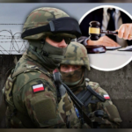 Polish soldiers in camouflage at a border barrier with barbed wire, with a courtroom gavel inset, SNN News Finland