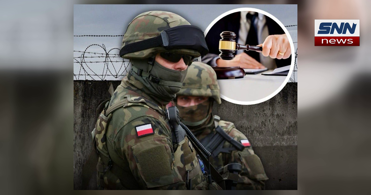 Polish soldiers in camouflage at a border barrier with barbed wire, with a courtroom gavel inset, SNN News Finland